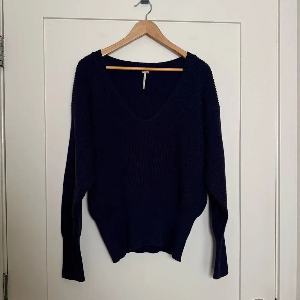 Free People Allure Knit Sweater L Blue Slouchy Boho Ribbed Casual Chic Pullover
